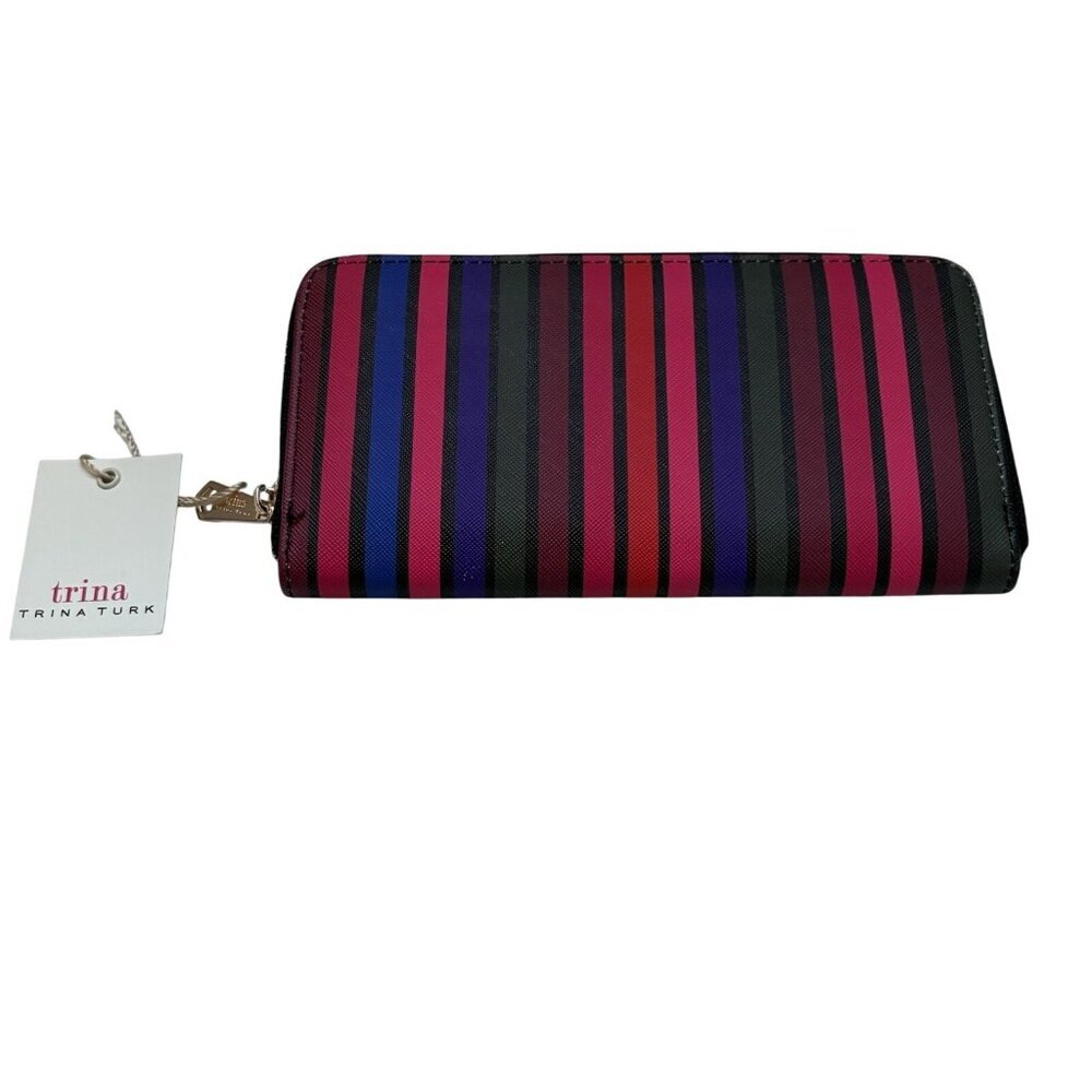 Trina Turk Multicolor Striped Faux Leather Large Zip Around Wallet Clutch NWT